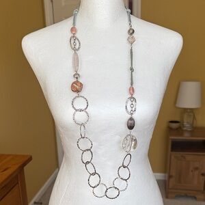 Long Pink and Silver Beaded Link Necklace